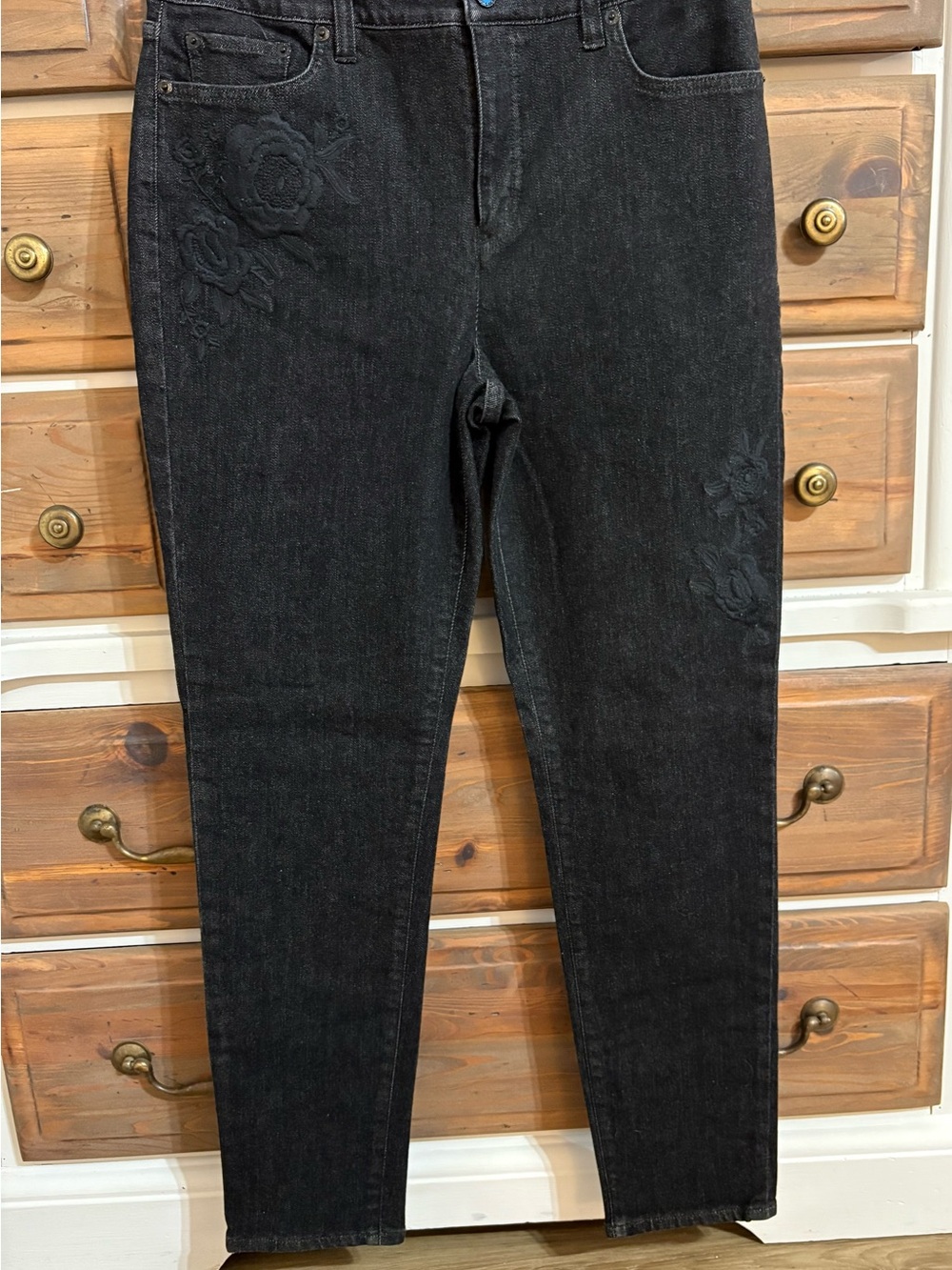 Ralph Lauren Black Skinny Jeans with Tone-on-Tone Floral Embroidery